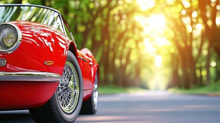 Naklejka premium Red Convertible Sports Car Parked Near Trees
