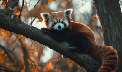 Fototapeta premium Red panda sitting on a tree branch