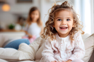Fototapeta premium A young girl with curly hair is sitting on a couch and smiling
