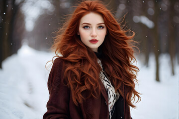 A woman with long red hair is standing in the snow