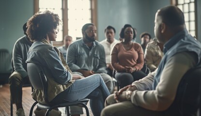 Fototapeta premium a group of people sitting on chairs talking, discussing, waiting in line, watching a lecture
