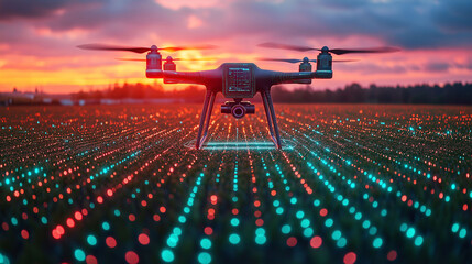 A drone equipped with AI technology surveying a large agricultural field, with data and analysis