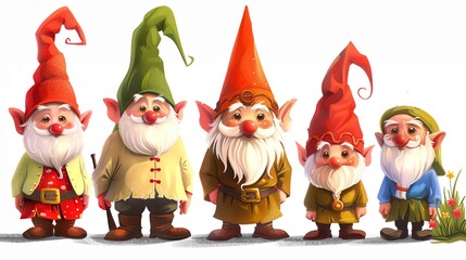Obraz premium Five cheerful gnomes in colorful hats and clothes stand in a row, smiling and looking at the viewer.