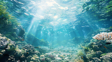 coral reef with a sea turtle and many colorful fish