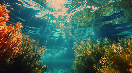 Fototapeta premium vibrant underwater scene with sunlight shining through the water, revealing coral reefs and colorful fish