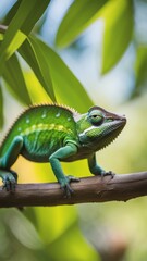 A gecko perched on a branch its green and yellow body blending into the leafy background. 