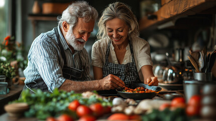 Retirees are shown cooking together in a cheerful kitchen. The scene might include them preparing a meal, sharing a recipe, or enjoying the process of creating something delicious