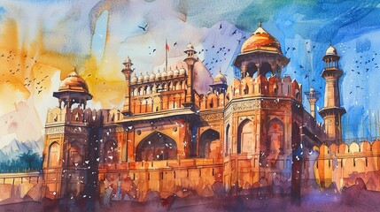 Delhi's Red Fort in Watercolor Illustration