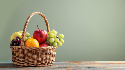 basket of fruit with apples, grapes, plums, and apricots