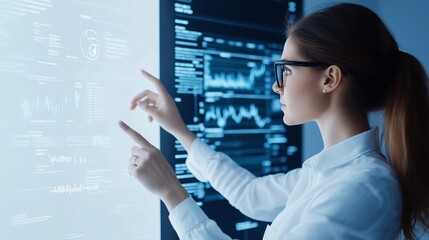 A professional woman interacting with futuristic graphical financial data, set on a white background with a concept of analytics