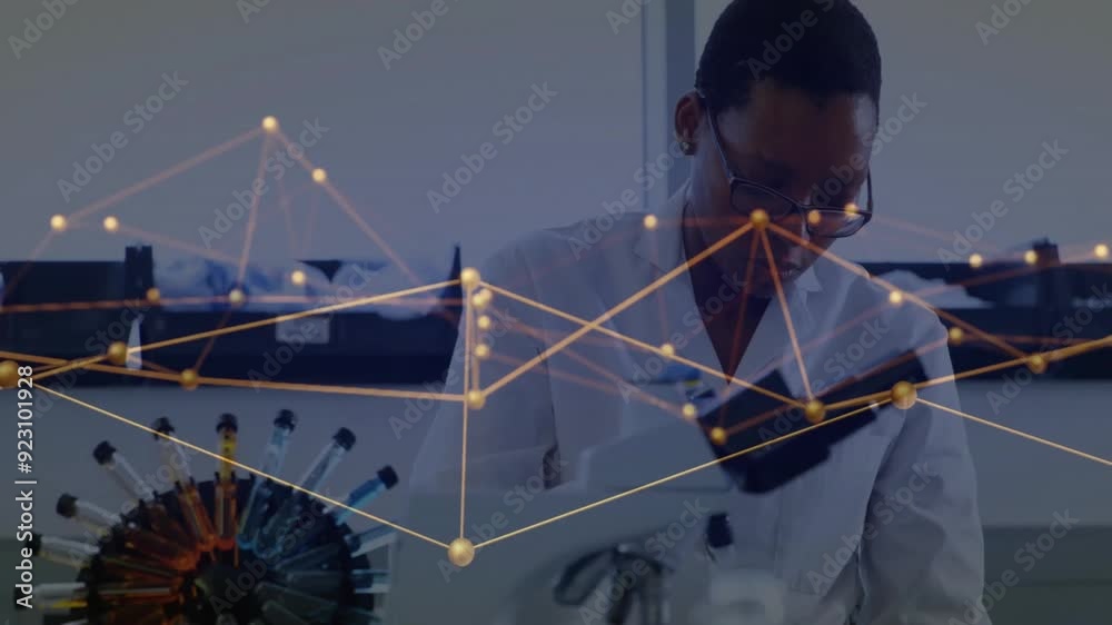 Poster working in laboratory, scientist with network connections animation in background