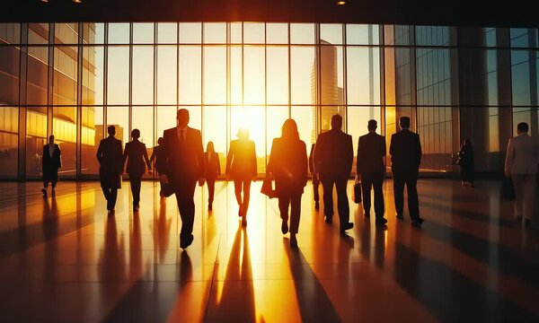 Capture the essence of ambition as business people walk through a modern office at sunset, their reflections a testament to their journey