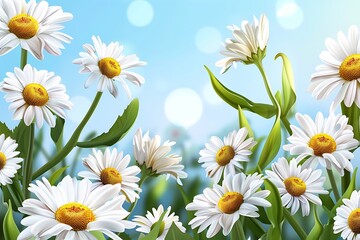 Fototapeta premium spring background with white daisies and green leaves on blue sky background with bokeh effect. Spring meadow with daisies background with white flowers