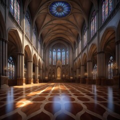 Grand Architectural Interior: Majestic Cathedral with Ornate Details and Stained Glass in Photorealistic