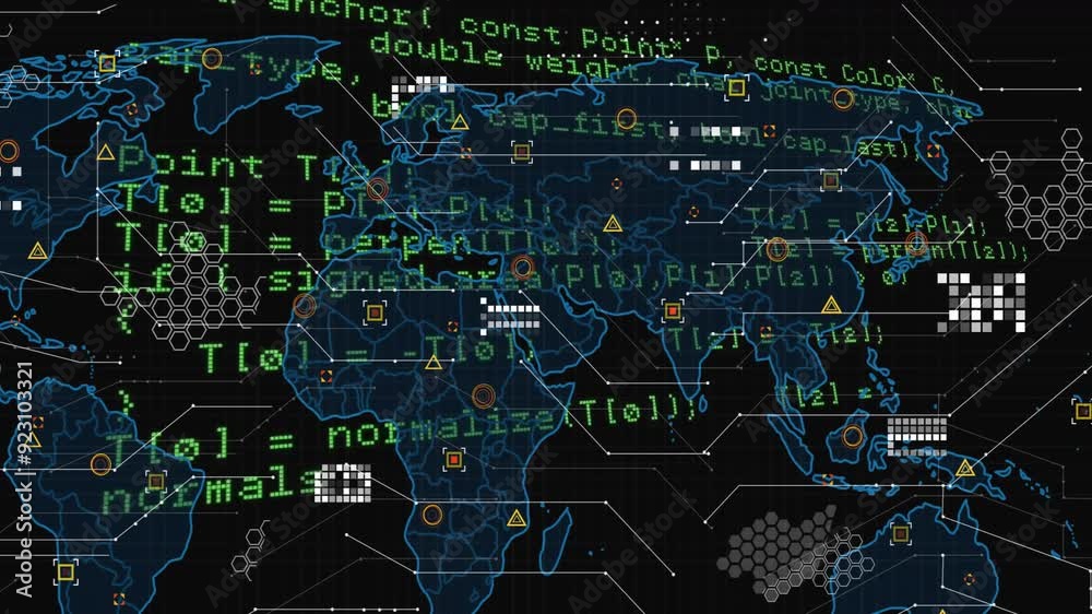 Aufkleber World map with programming code overlay and data processing animation