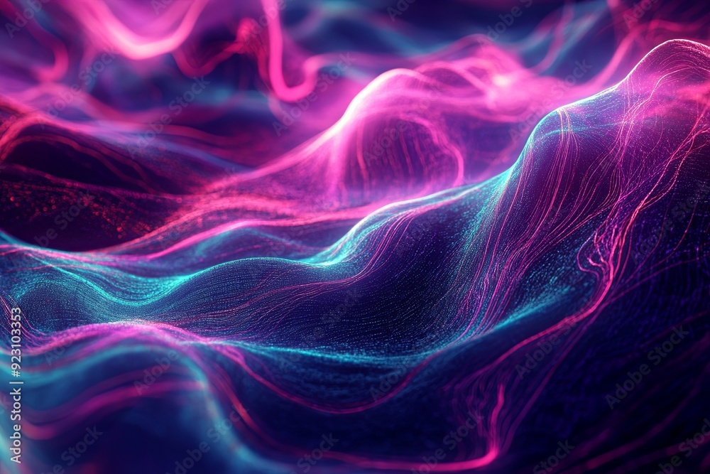 Poster colorful abstract waves of light and energy flowing smoothly across a dark background, creating a dy