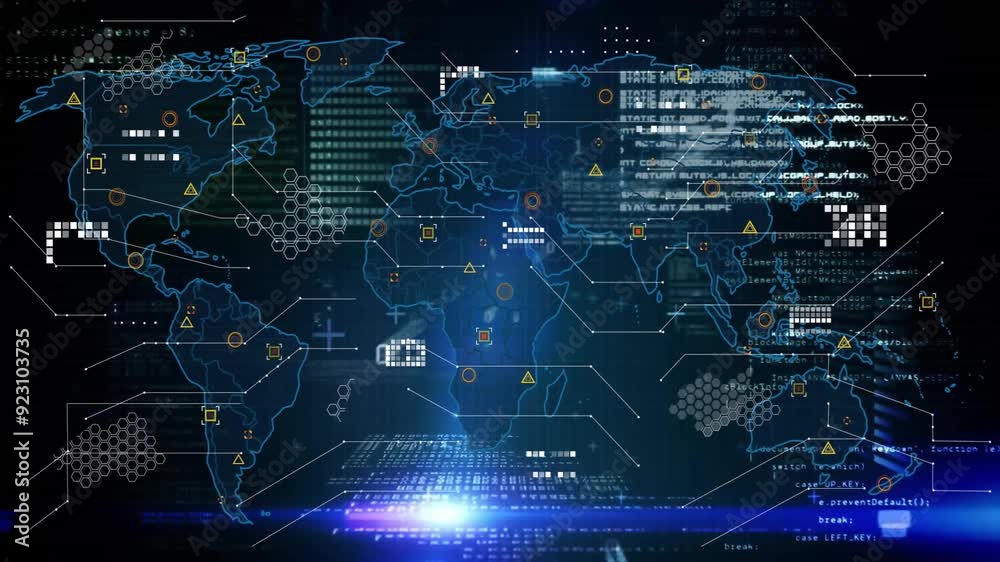 Poster displaying world map with cybersecurity threats and data processing animation