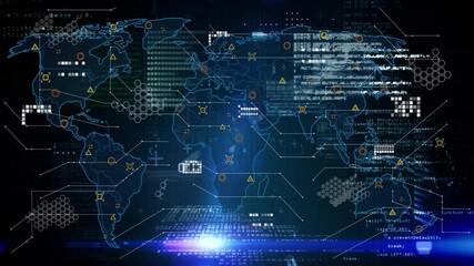 Displaying world map with cybersecurity threats and data processing animation - Powered by Adobe