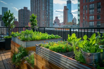 Fototapeta premium Urban Rooftop Garden with Metal Can Raised Beds, Green Vegetation