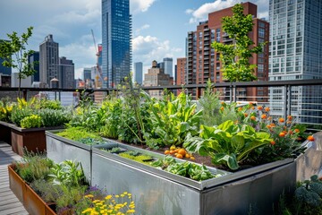 Fototapeta premium Urban Rooftop Garden with Metal Can Raised Beds, Green Vegetation