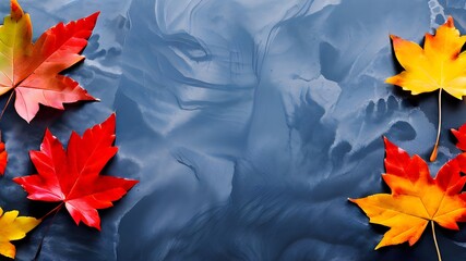 Autumn background with colored red leaves on blue slate background. Top view, copy space, 