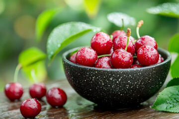 a bowl of juicy fresh red cherries on a rustic wooden background.