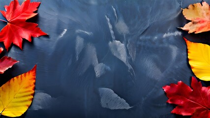 Autumn background with colored red leaves on blue slate background. Top view, copy space, 