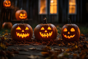 Fototapeta premium scary halloween Pumpkin Out Of A Graveyard cemetery dark Night .Holiday event halloween banner background concept.
