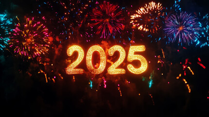numbers 2025 with fireworks on a black background. happy new years concept