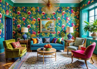 Obraz premium Bold and Vibrant: Patterned wallpaper, statement furniture, bright colors, eclectic, playful