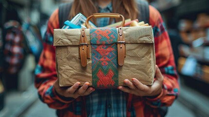 the woman s hands hold a donation box with a backpack containing various school supplies donation concept.