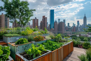 Fototapeta premium Urban Rooftop Garden with Metal Can Raised Beds, Green Vegetation