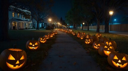 A creative Halloween setup featuring intricately carved pumpkins and ghostly decorations for a frightful effect