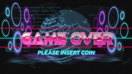 Game Over text animation over digital globe with Please Insert Coin message - Powered by Adobe