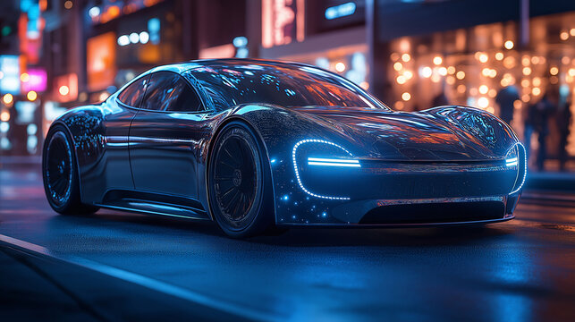 A sleek, modern autonomous vehicle navigating through a city street, with AI-driven features like lane-keeping and object detection visible