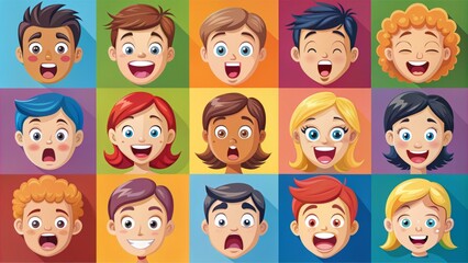 A diverse range of colorful facial expressions illustrated in vectors, showcasing various emotions from happiness and surprise to anger and sadness.