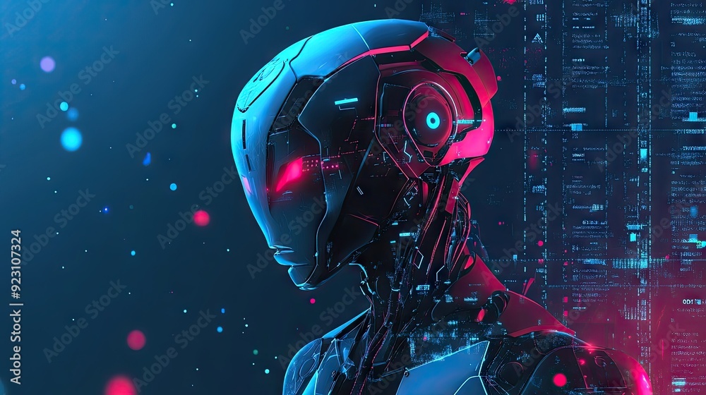 Poster abstract 2d ai concept featuring a stylized robot and data analytics. clean design showcasing artifi