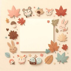 Obraz premium Cute autumn frame with woodland animals and leaves in soft pastel tones 부드러운 파스텔 톤의 숲속 동물과 나뭇잎으로 장식된 귀여운 가을 프레임