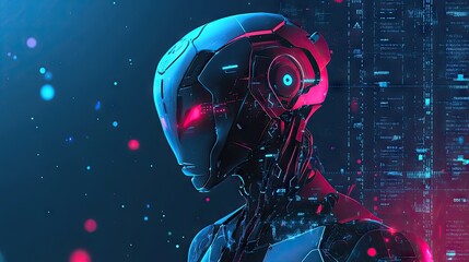 Abstract 2D AI concept featuring a stylized robot and data analytics. Clean design showcasing artificial intelligence and machine learning. Ideal for tech presentations.