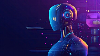 Fototapeta premium Abstract 2D AI concept featuring a stylized robot and data analytics. Clean design showcasing artificial intelligence and machine learning. Ideal for tech presentations.