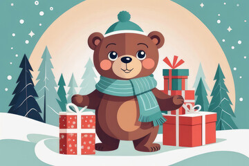 Fototapeta premium Little bear holding holiday gifts and decorations.