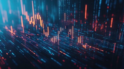Fototapeta premium Abstract 3D business chart with glowing candlesticks on a blue background. Captures the essence of financial markets and trade data. Great for professional finance graphics.
