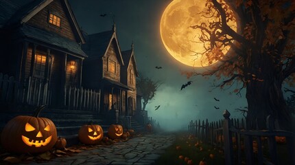 The spooky charm of Halloween night with intricately carved pumpkins and eerie fog enveloping the streets