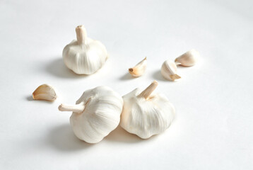 Fresh Peeled Garlic Bulbs and Cilantro Fresh Garlic Cloves with Loose Skin on White Background