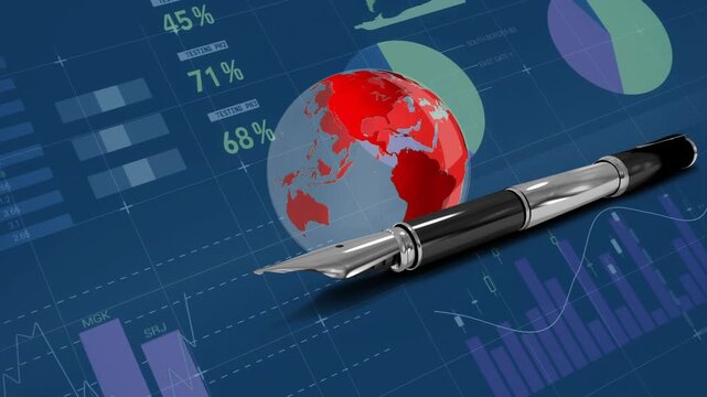 Financial data charts and graphs animation over red globe and fountain pen