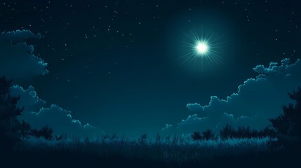A mesmerizing night sky with a bright star shining through fluffy clouds.  The silhouette of trees and grass in the foreground creates a peaceful and serene atmosphere.