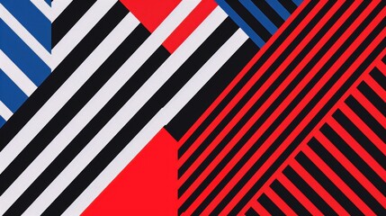 Bold geometric shapes and stripes in red, blue, and black create an eye-catching visual display