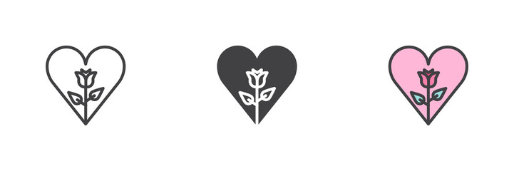 Heart with flower different style icon set