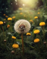 Close up of blooming yellow dandelion flowers in garden on spring time. Detail of bright common...