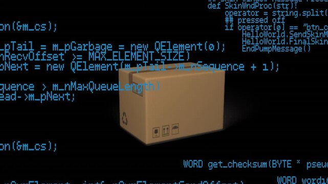 Cardboard box with animated code snippets over black background